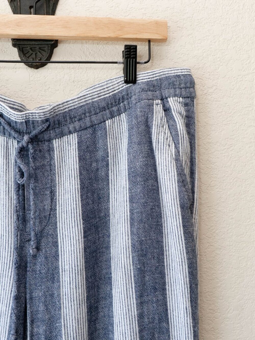 Old Navy Womens L Blue White Striped Linen Blend Wide Leg Pants Drawstring - Picture 5 of 14